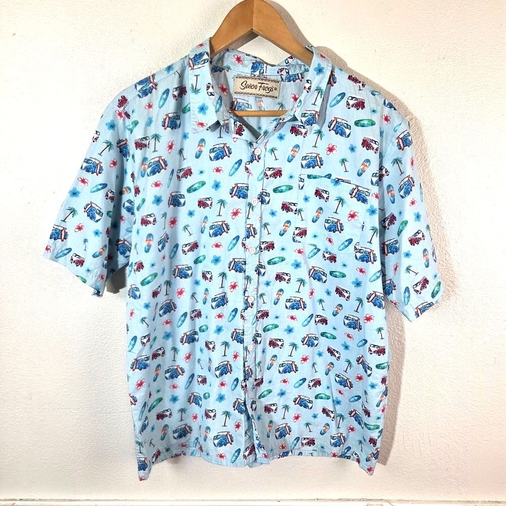Senor Frogs Button Up Shirt Mens Large Blue Hawaiian Beach Vans Surf Print